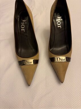 Dior Pointed Toe Pumps with Logo Plaque - Tan